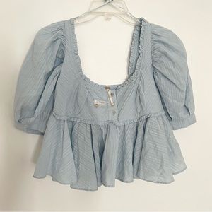 NWOT Free People Leave It To Me Babydoll Top Puff Sleeves Blue XSmall New.